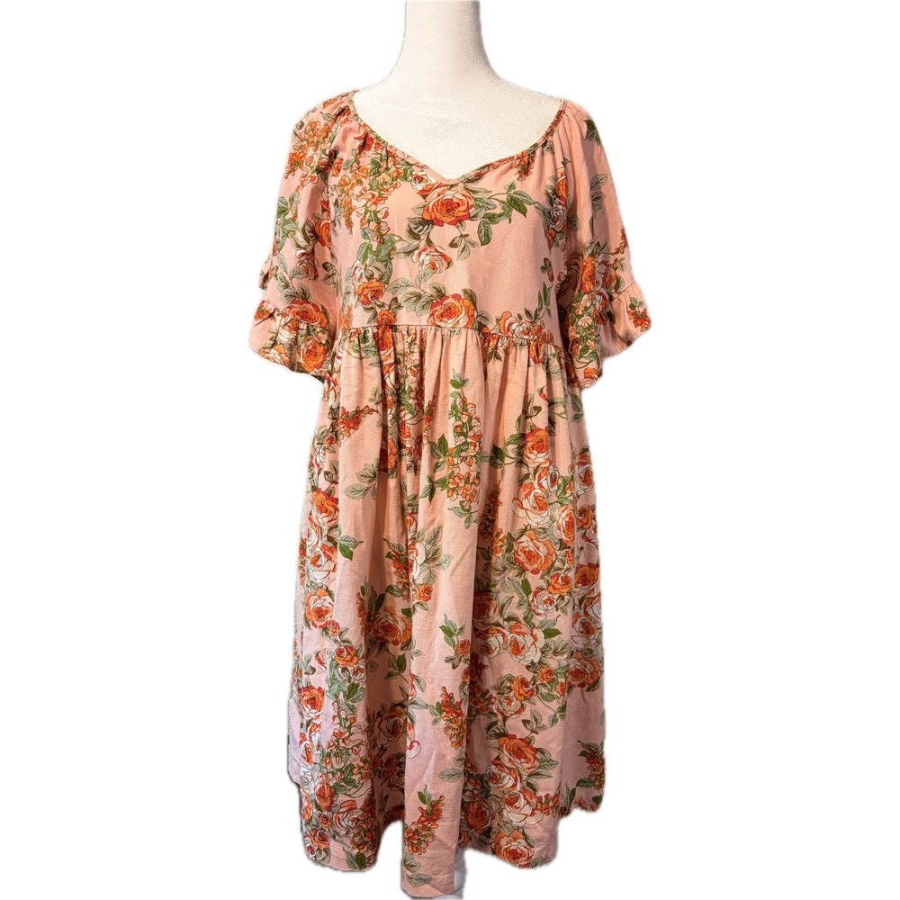 Vintage-inspired Floral Linen Blend Boho Babydoll silhouette Dress XS